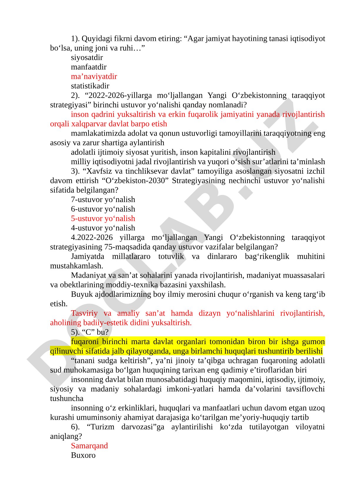 Yangi O'zbekiston taraqqiyot strategiyasi test savollari