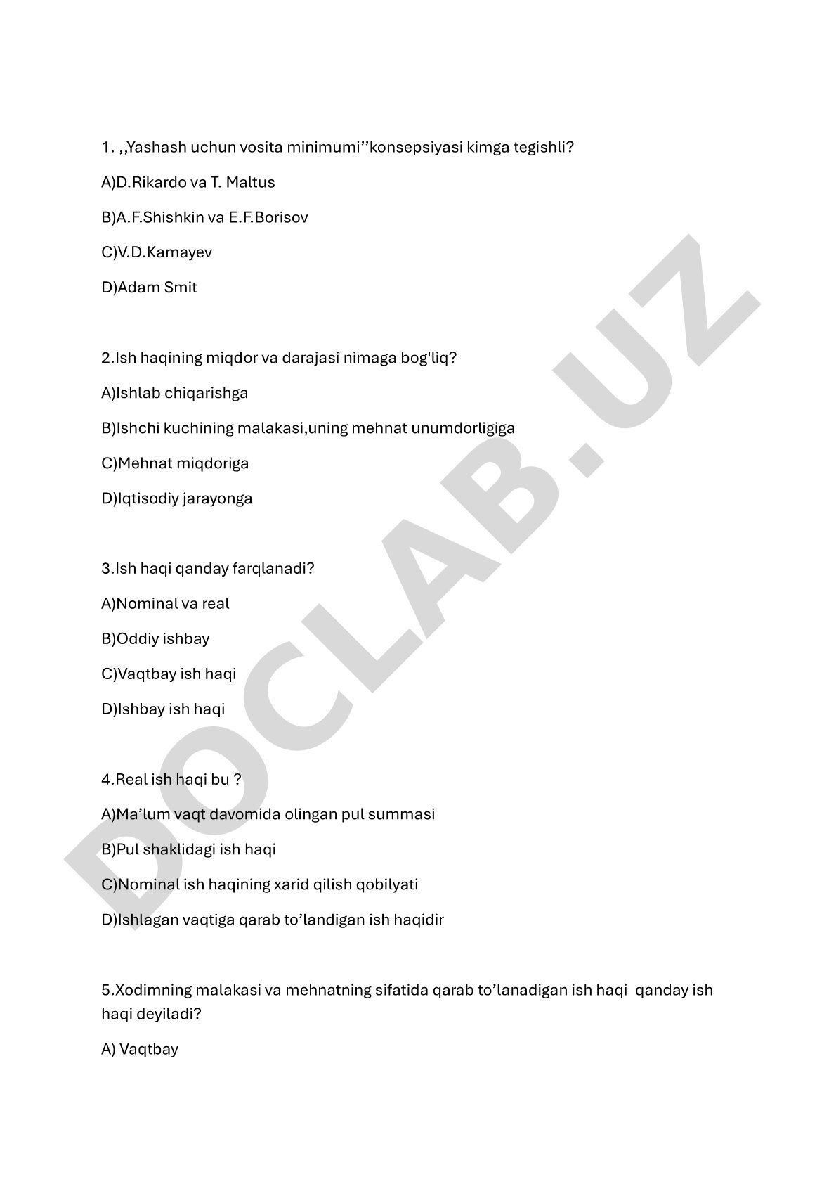 Ish haqi va yashash minimumi konsepsiyasi bo'yicha test savollari
