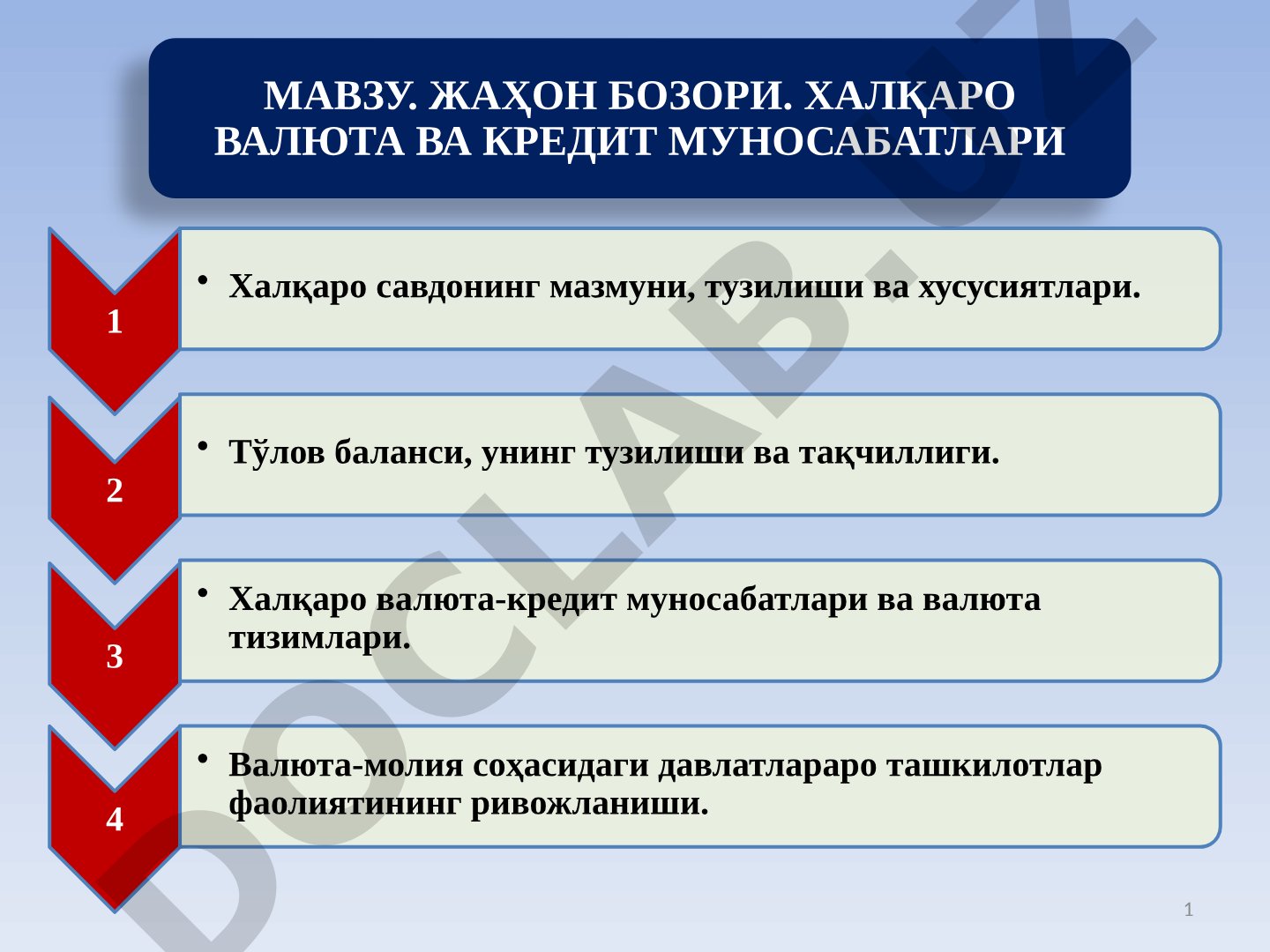 ЖАҲОН БОЗОРИ. ХАЛҚАРО ВАЛЮТА ВА КРЕДИТ МУНОСАБАТЛАРИ