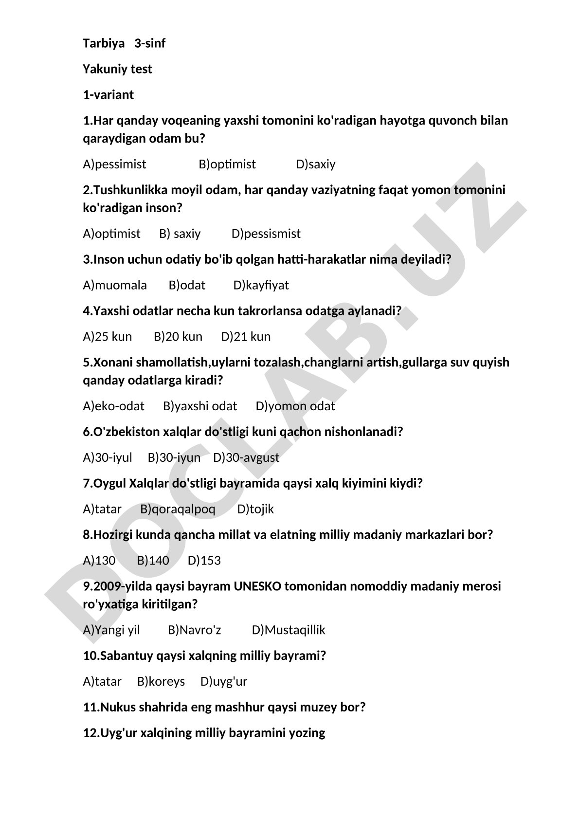 Tarbiya 3-sinf Yakuniy test