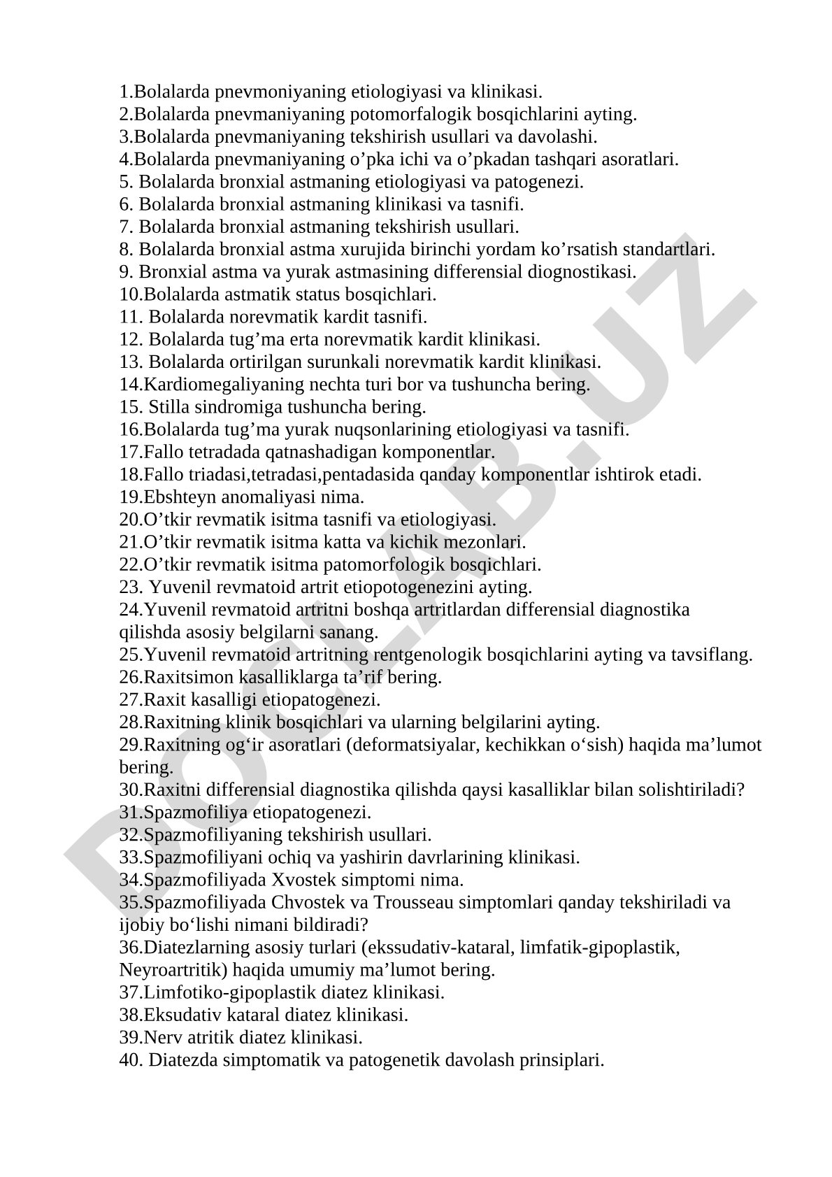 Bolalarda pnevmoniya va bronxial astma etiologiyasi, klinikasi, diagnostikasi va davolash