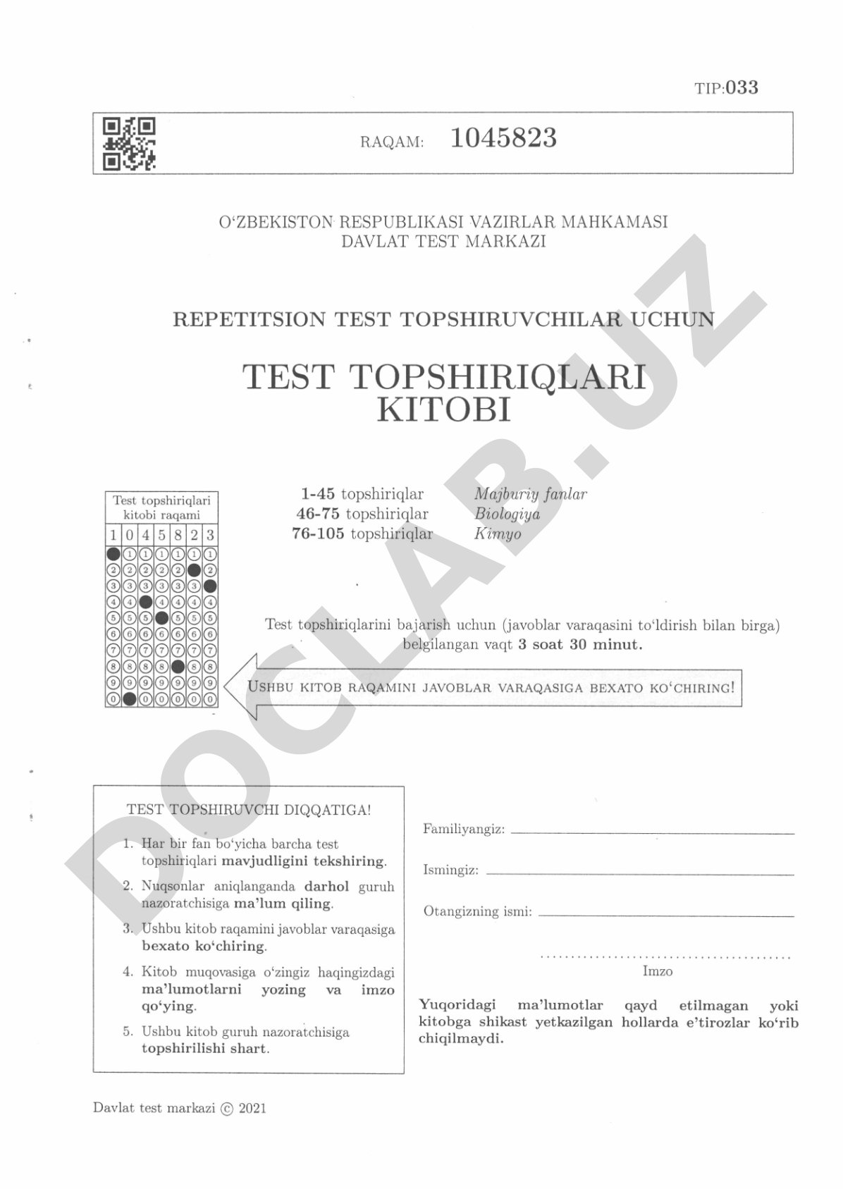 Repetitsion test topshiriqlari kitobi (Biologiya, kimyo)