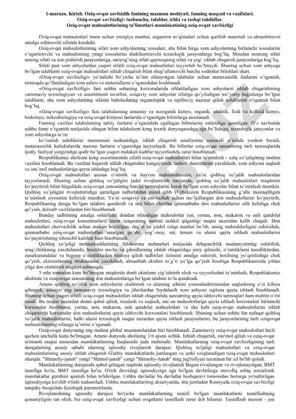 Oziq-ovqat xavfsizligi fanining mazmuni va talablar