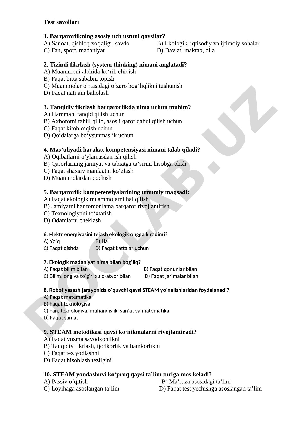Barqarorlik kompetensiyalari va ekologik madaniyat test savollari