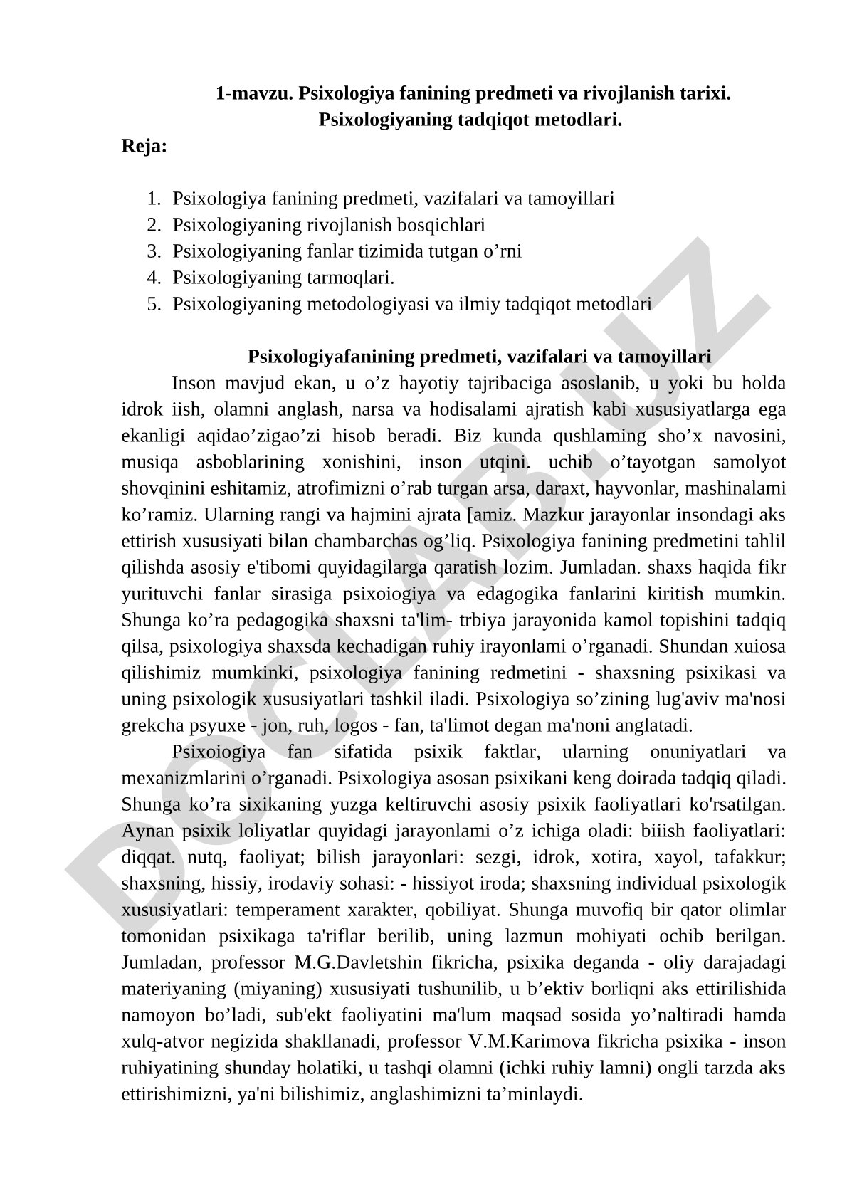 Psixologiya fanining predmeti va rivojlanish tarixi
