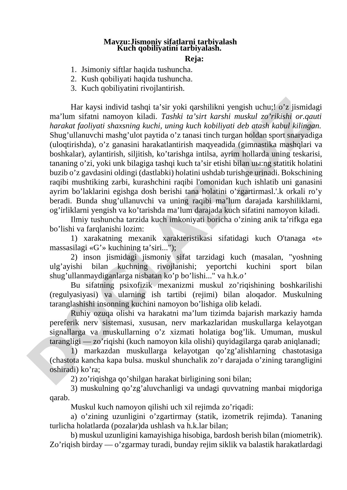 Jismoniy sifatlarni tarbiyalash: Kuch qobiliyatini tarbiyalash