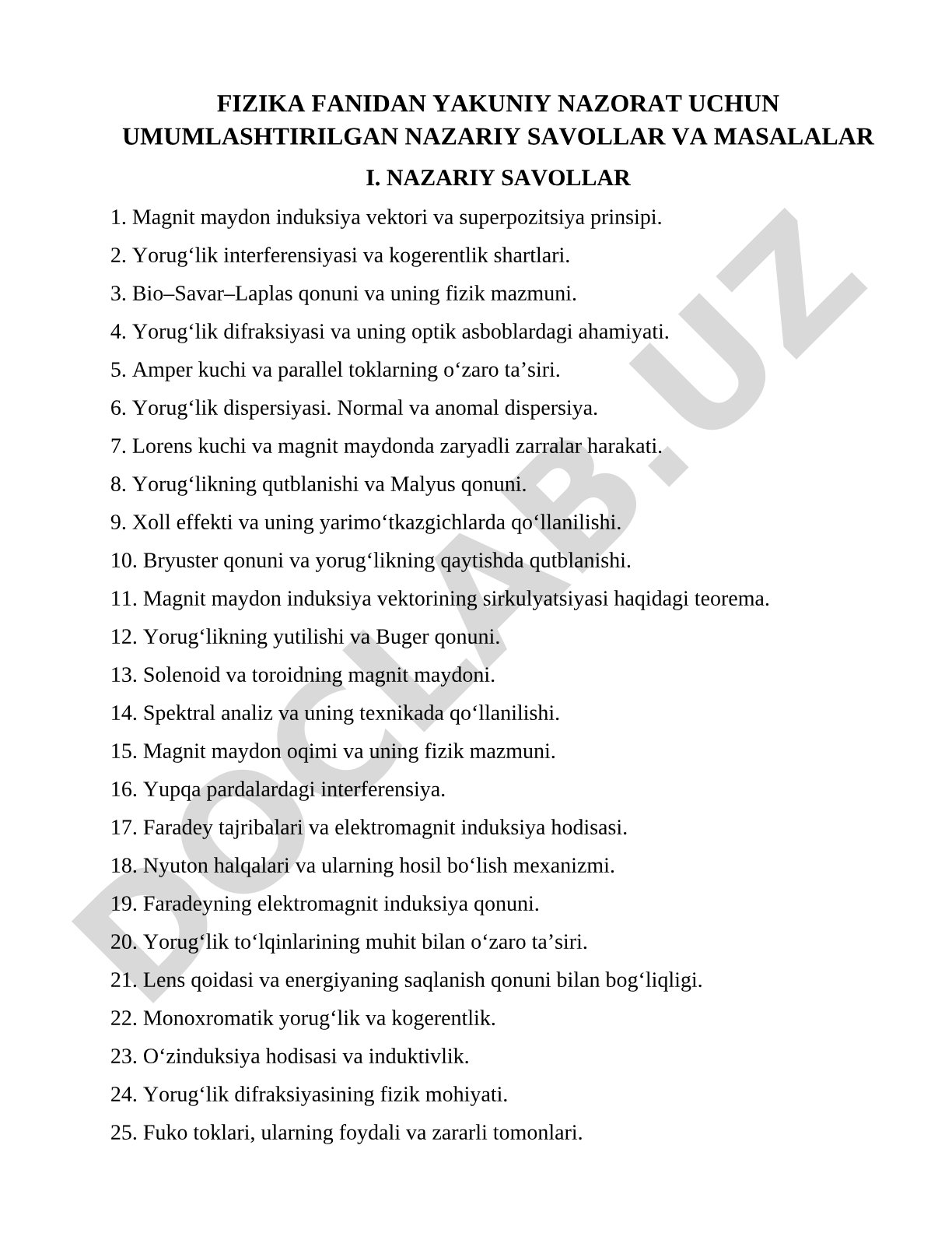 Fizika fanidan yakuniy nazorat uchun umumlashtirilgan nazariy savollar va masalalar