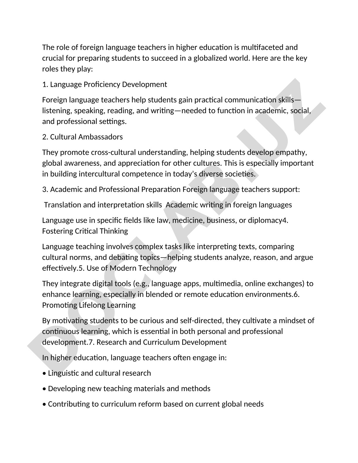 Role of Foreign Language Teachers in Higher Education