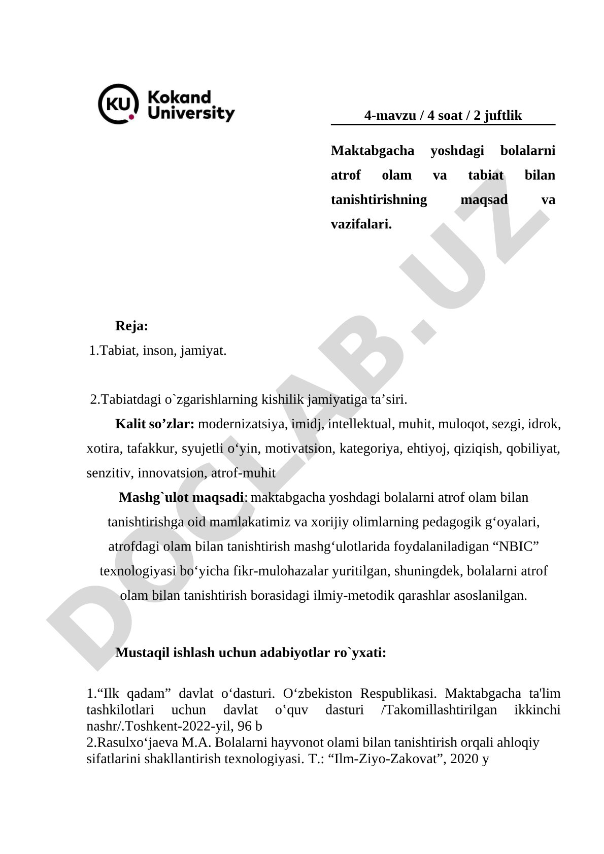 Maktabgacha yoshdagi bolalarni atrof olam va tabiat bilan tanishtirishning maqsad va vazifalari