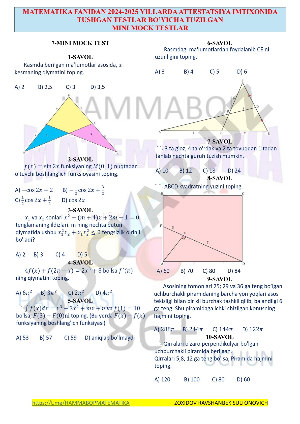 2024-2025 attestatsiya imtihonlari asosida matematika mini mock testlar