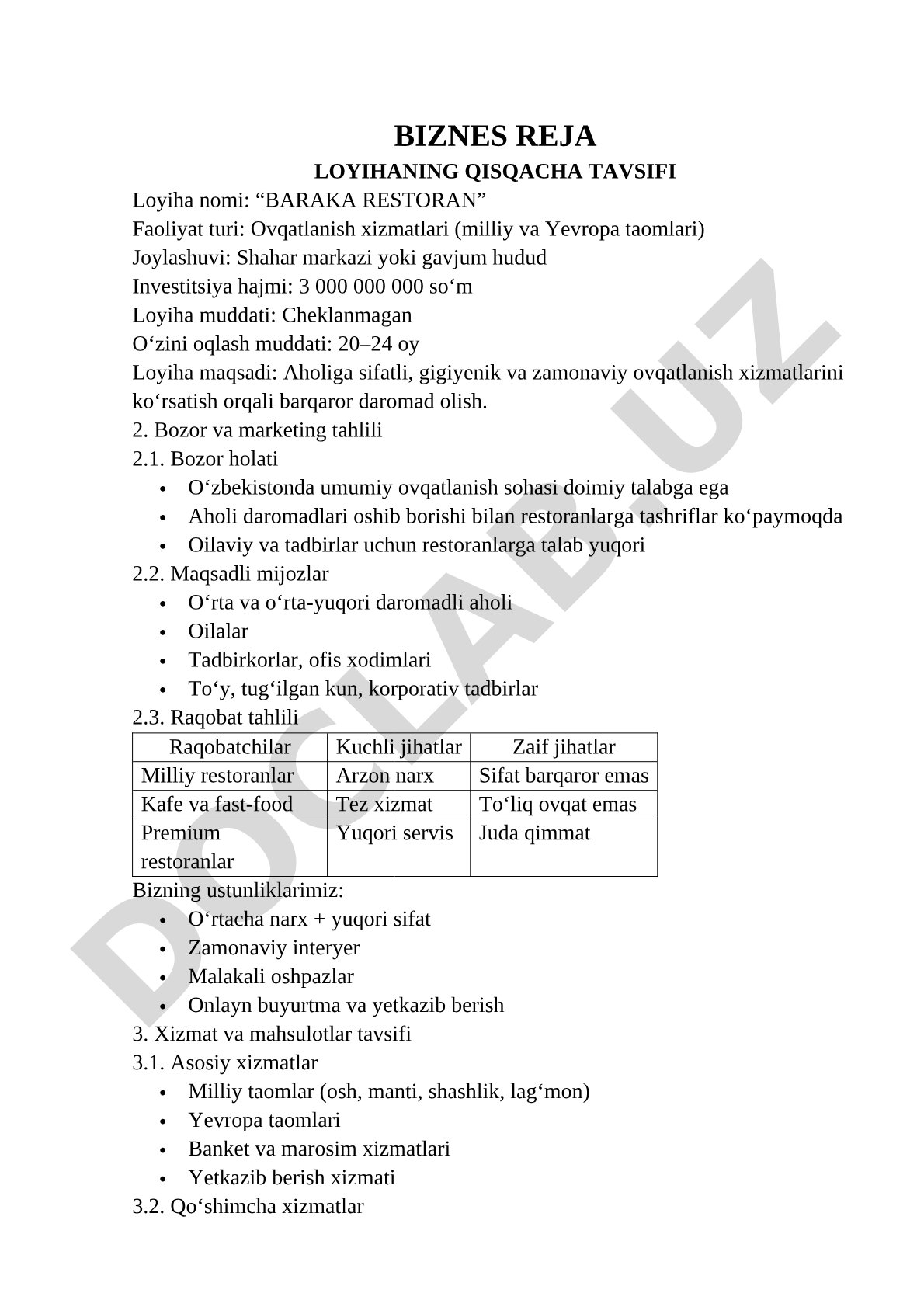 Baraka restoran biznes rejasi