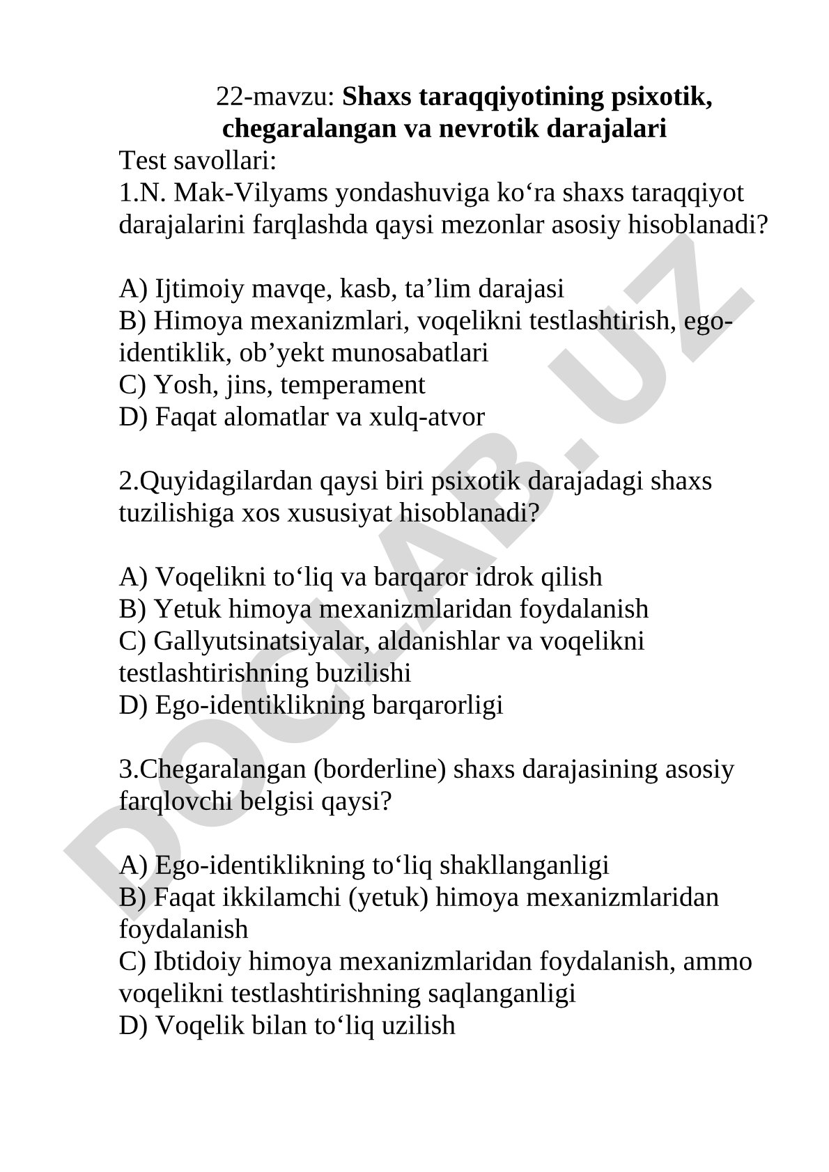 Shaxs taraqqiyotining psixotik, chegaralangan va nevrotik darajalari