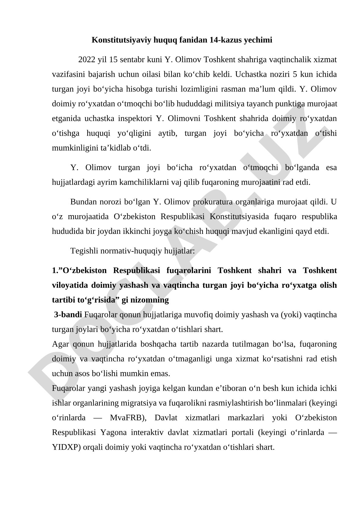 Konstitutsiyaviy huquq fanidan 14-kazus yechimi