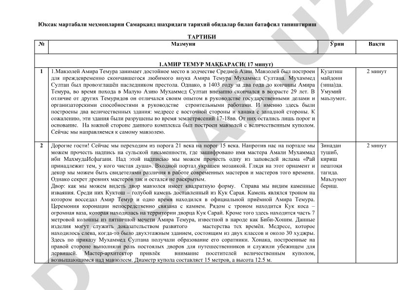 Самарқанд шаҳридаги тарихий обидалар билан таништириш тартиби