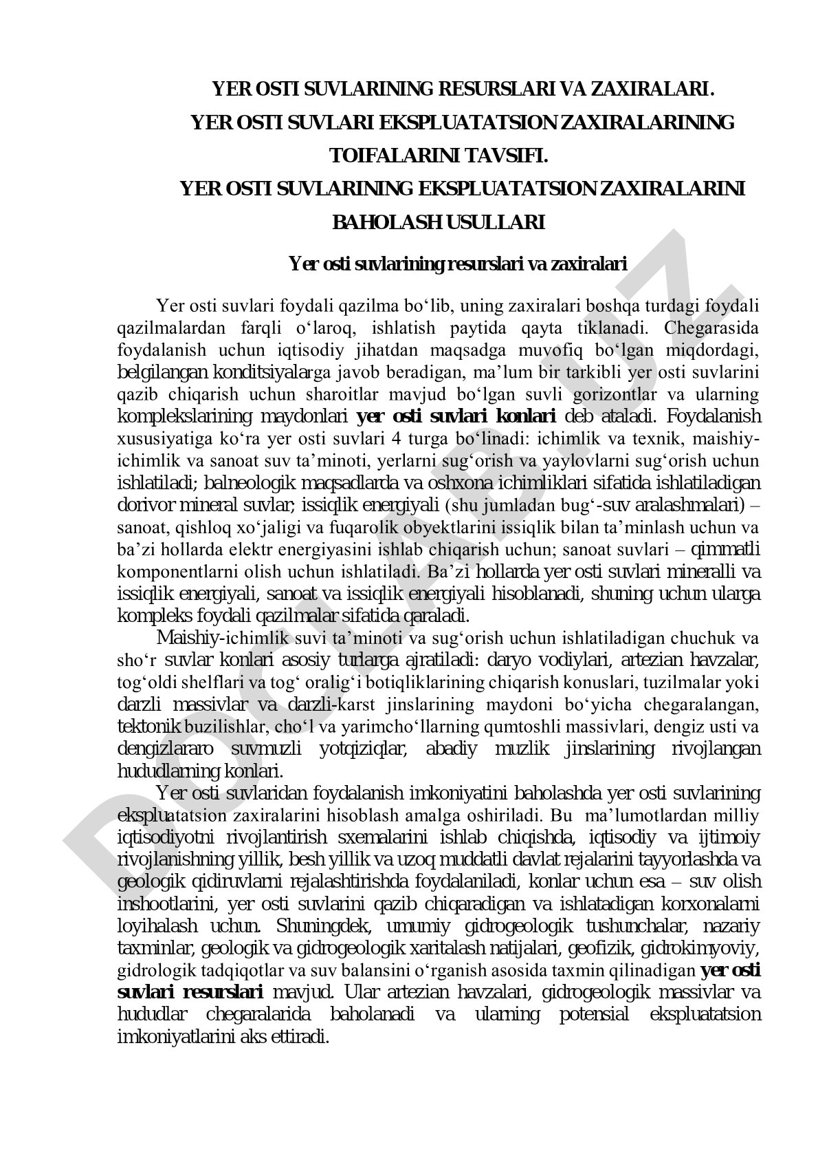 Yer osti suvlarining resurslari va zaxiralari