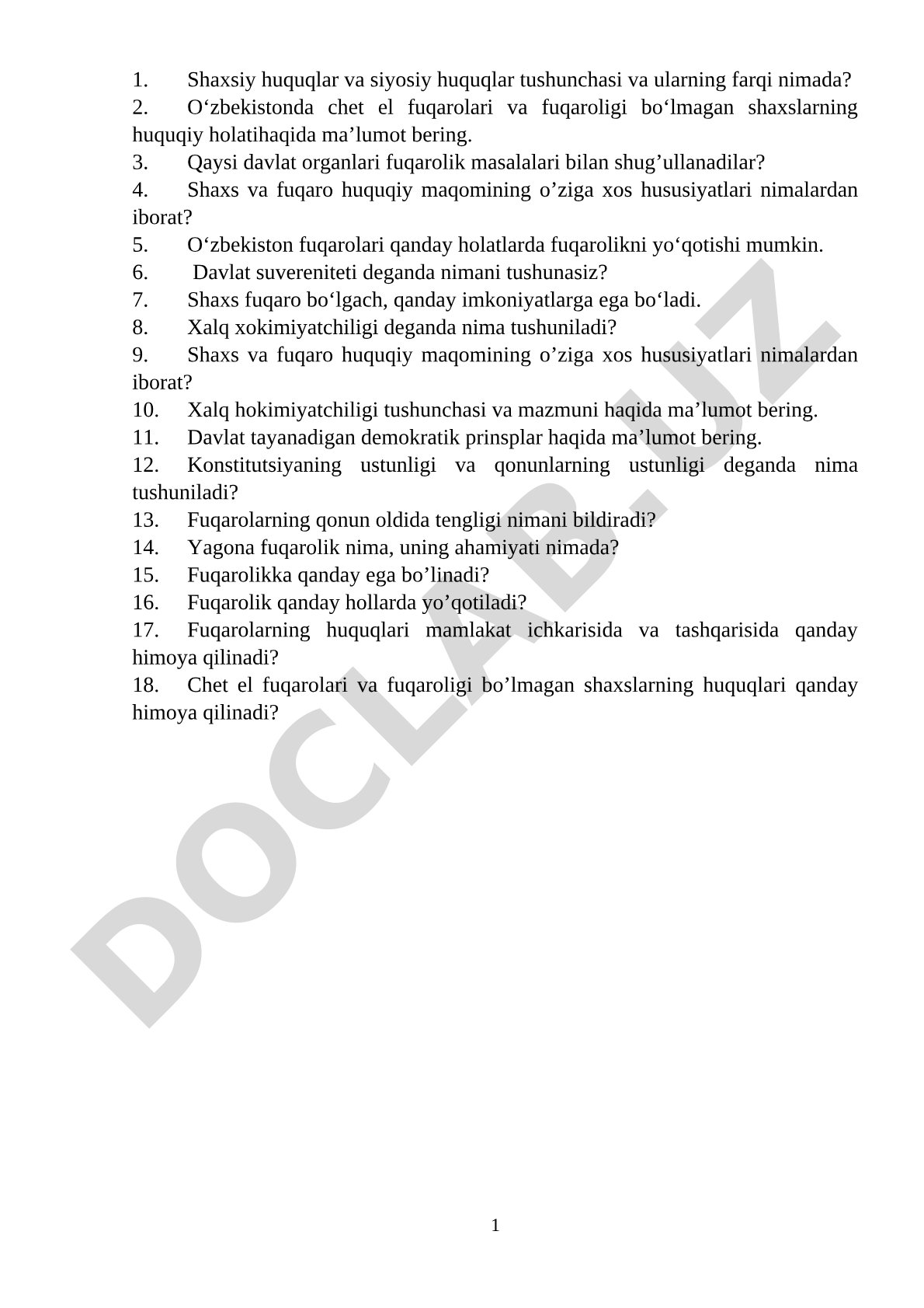Shaxsiy va siyosiy huquqlar, fuqarolik, demokratiya va konstitutsiya savollari