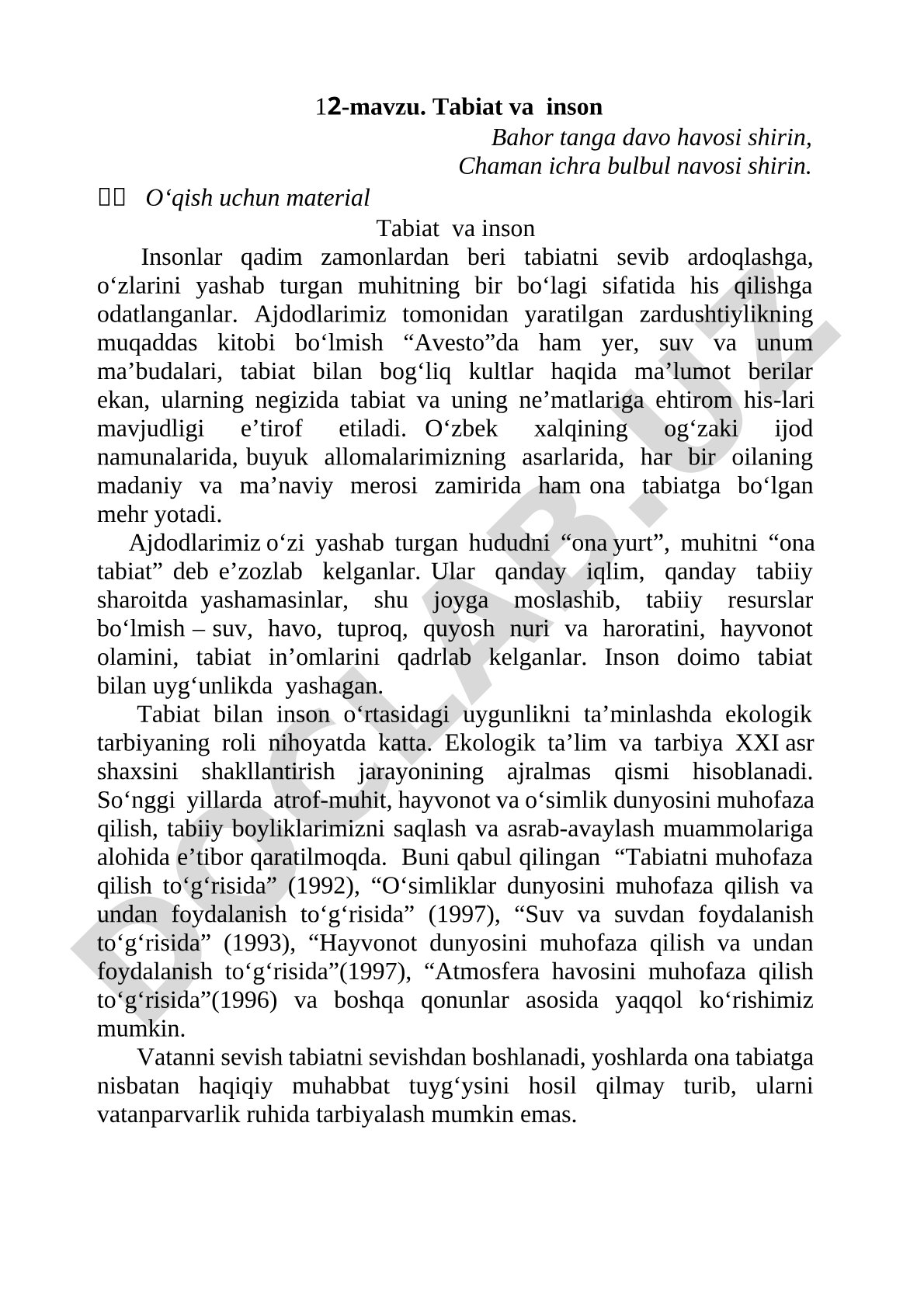 Tabiat va inson munosabatlari, ekologik tarbiya va Avesto haqida