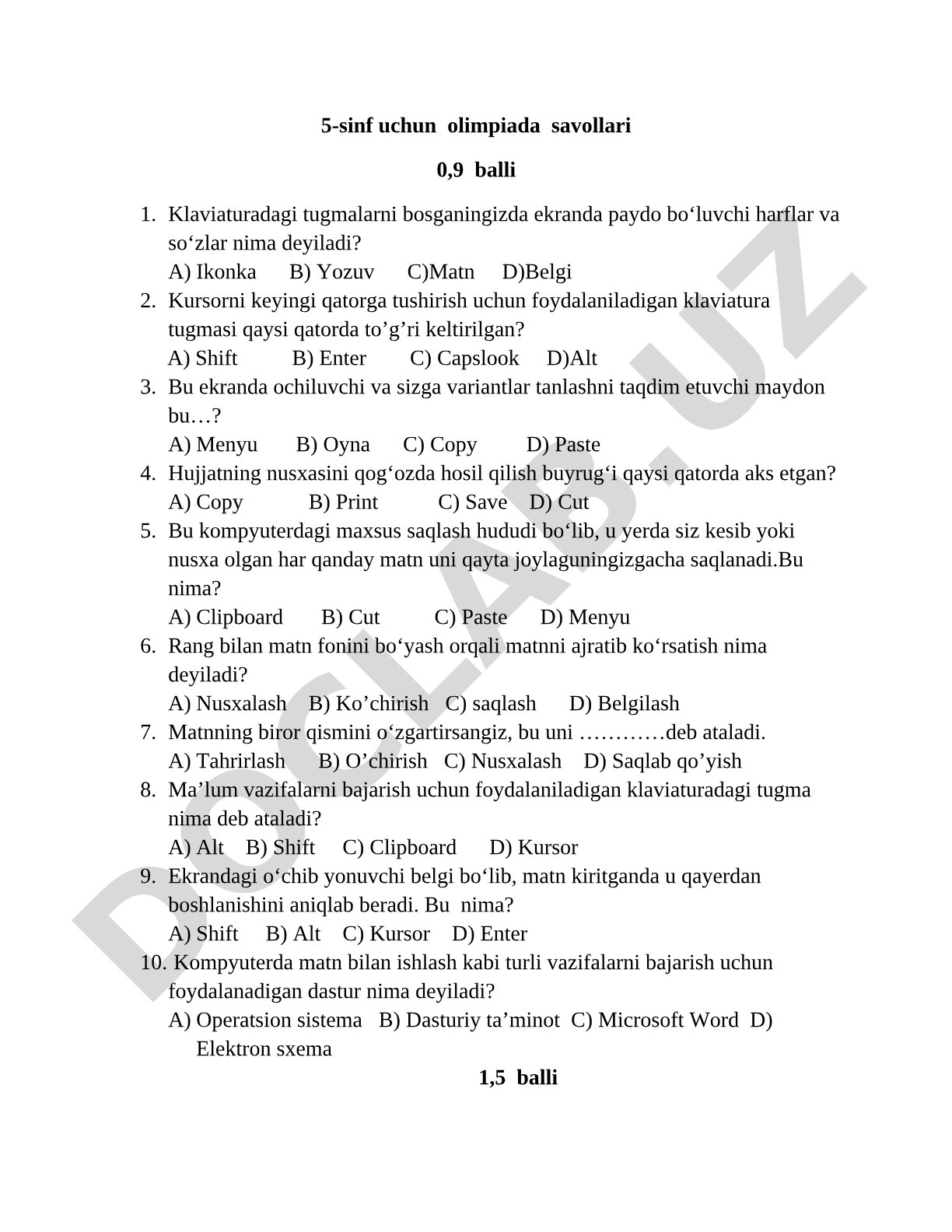 5-sinf uchun olimpiada savollari