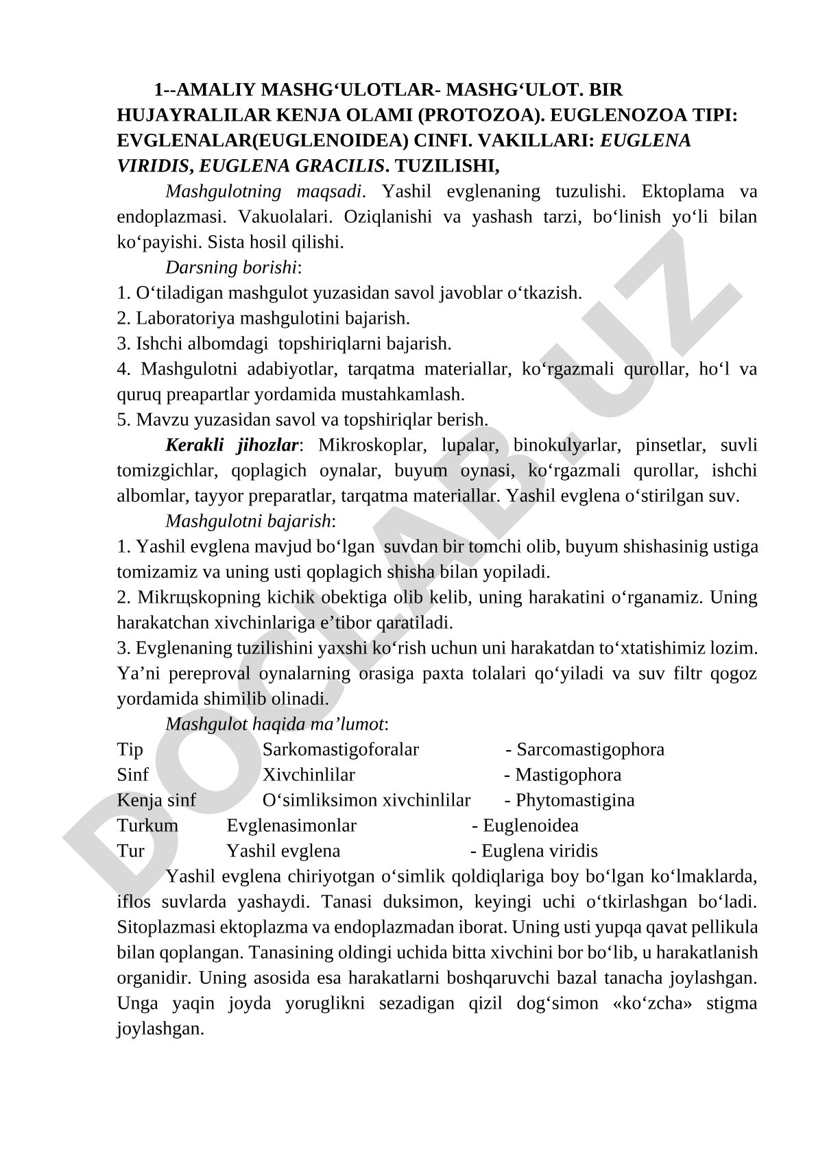 Bir hujayralilar: Euglena viridis va Euglena gracilis tuzilishi