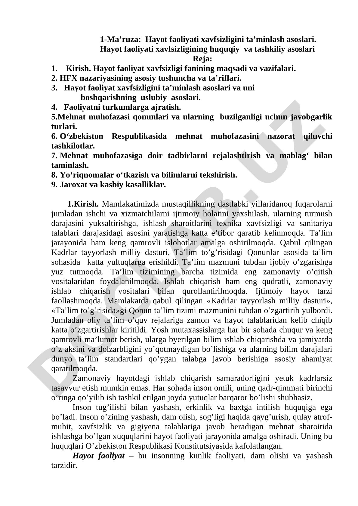 Hayot faoliyati xavfsizligini ta’minlash asoslari