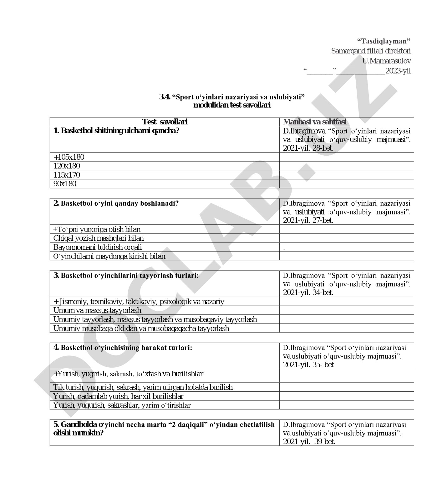 Sport o‘yinlari nazariyasi va uslubiyati modulidan test savollari