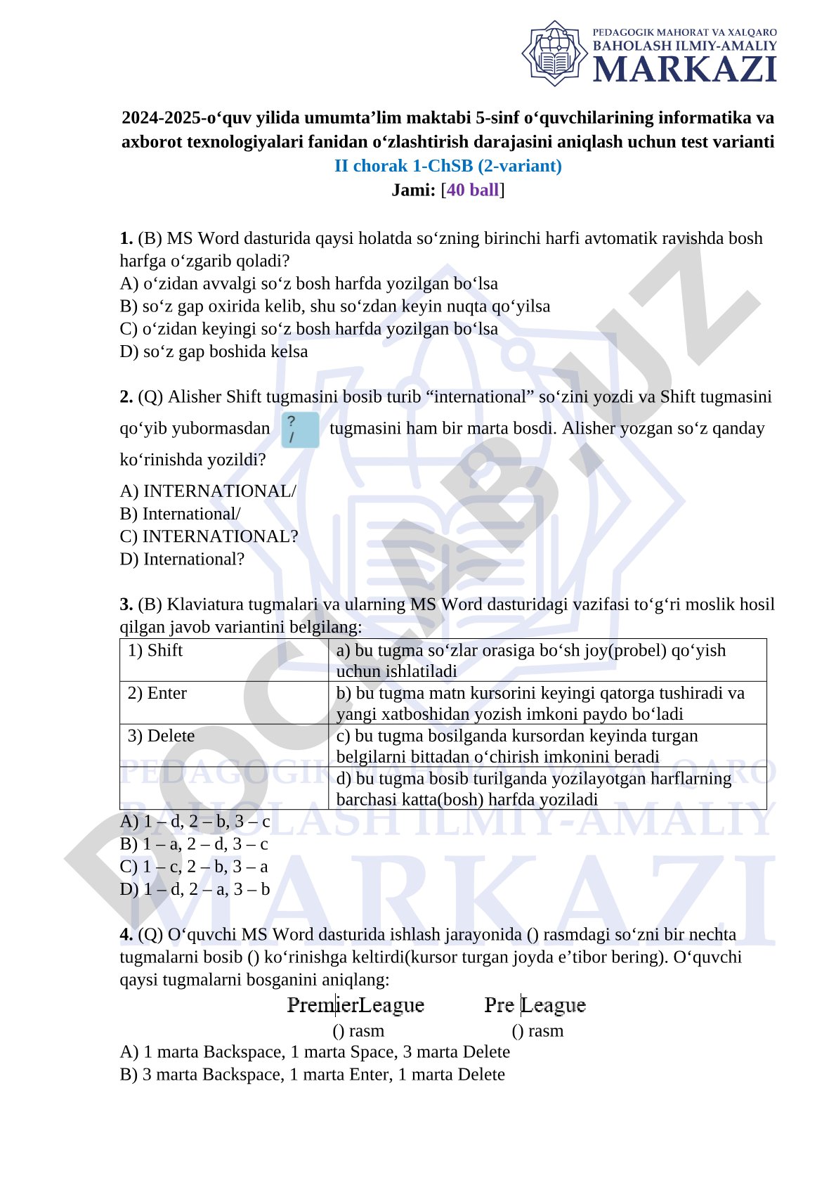 5-sinf informatika va axborot texnologiyalari fanidan test varianti