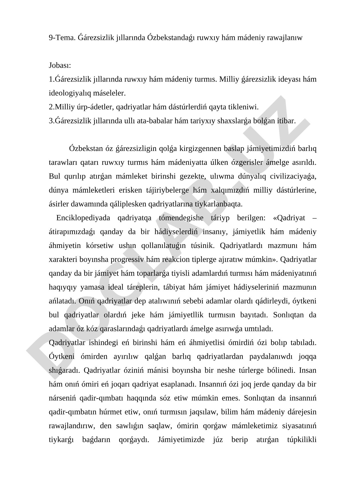 Ǵárezsizlik jıllarında Ózbekstandaǵı ruwxıy hám mádeniy rawajlanıw