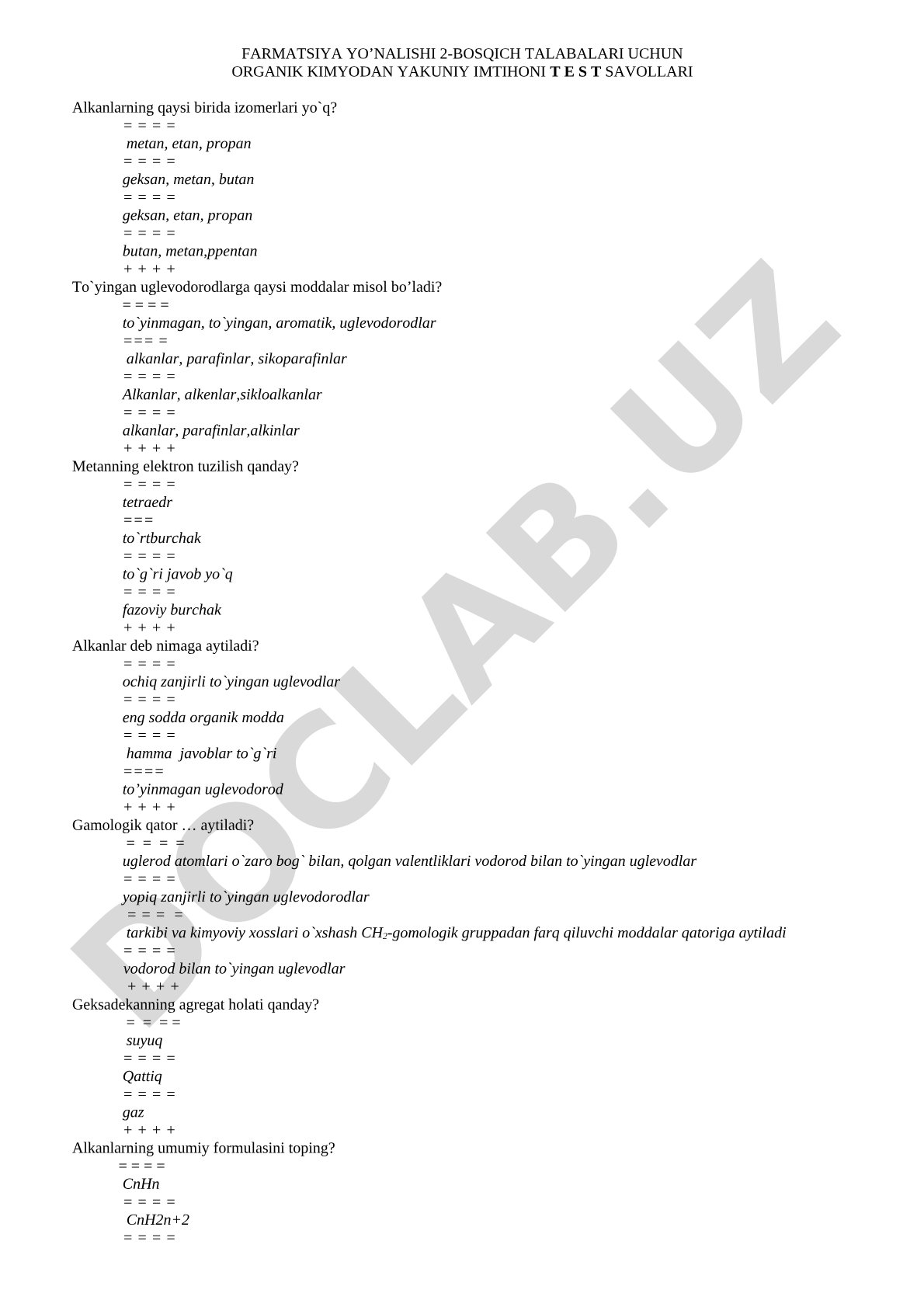 Organik kimyodan yakuniy imtihon test savollari
