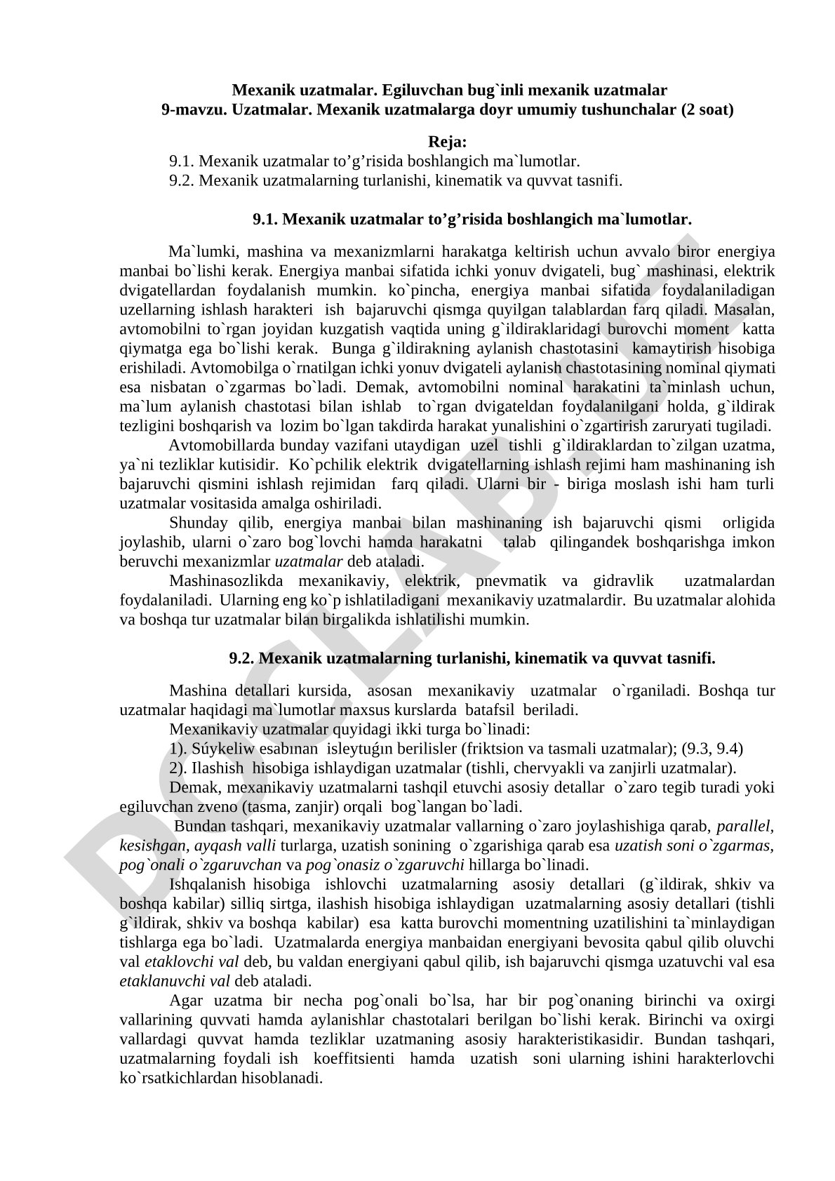 Mexanik uzatmalar. Egiluvchan bug`inli mexanik uzatmalar