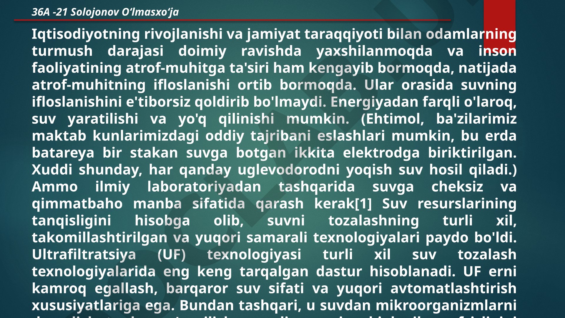 Suv ifloslanishi va ultrafiltratsiya texnologiyasi