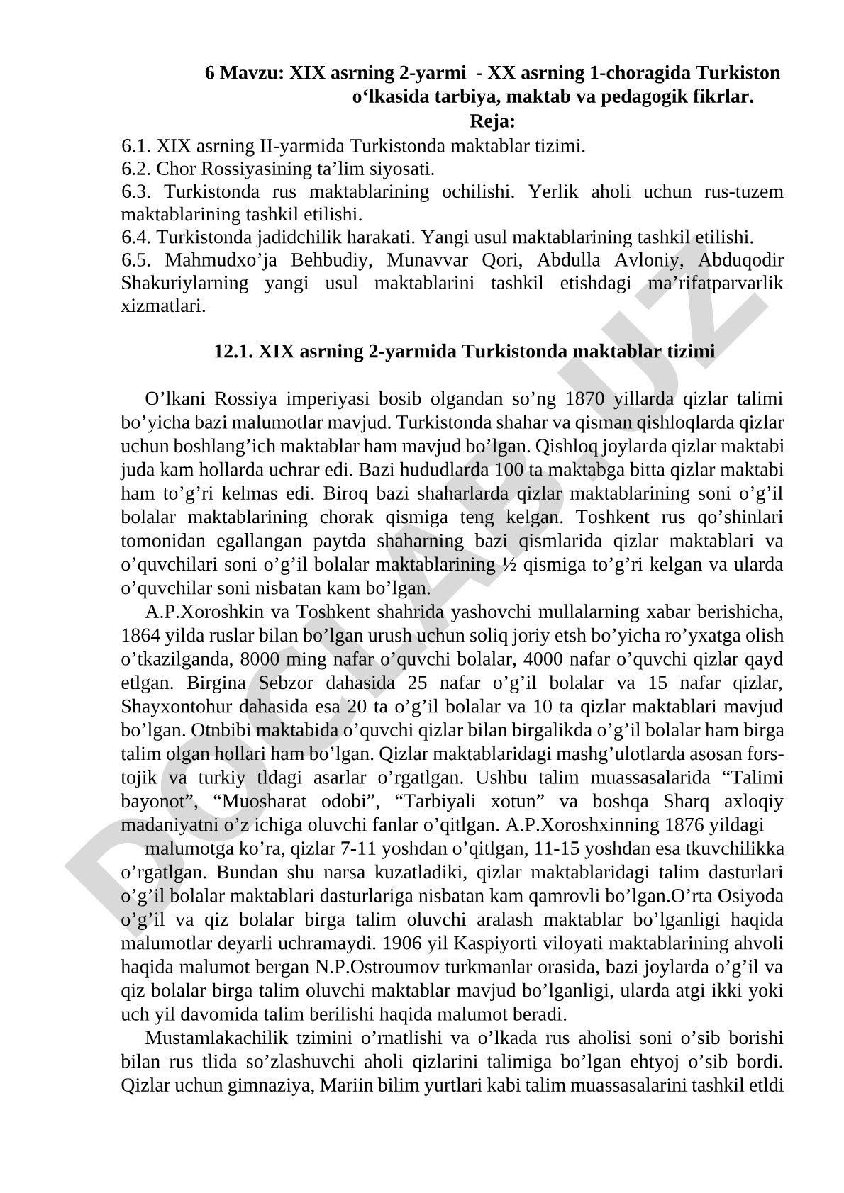 XIX asrning 2-yarmi - XX asrning 1-choragida Turkiston o'lkasida tarbiya, maktab va pedagogik fikrlar