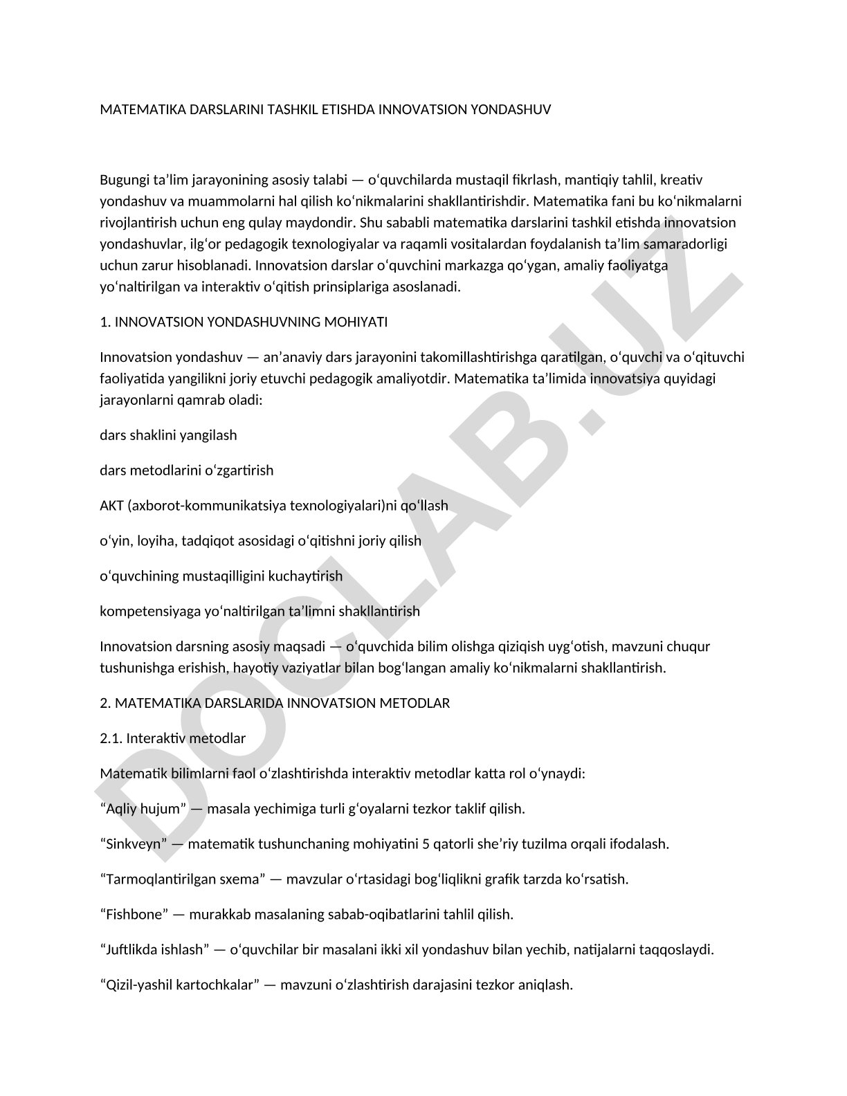 Matematika darslarini tashkil etishda innovatsion yondashuv