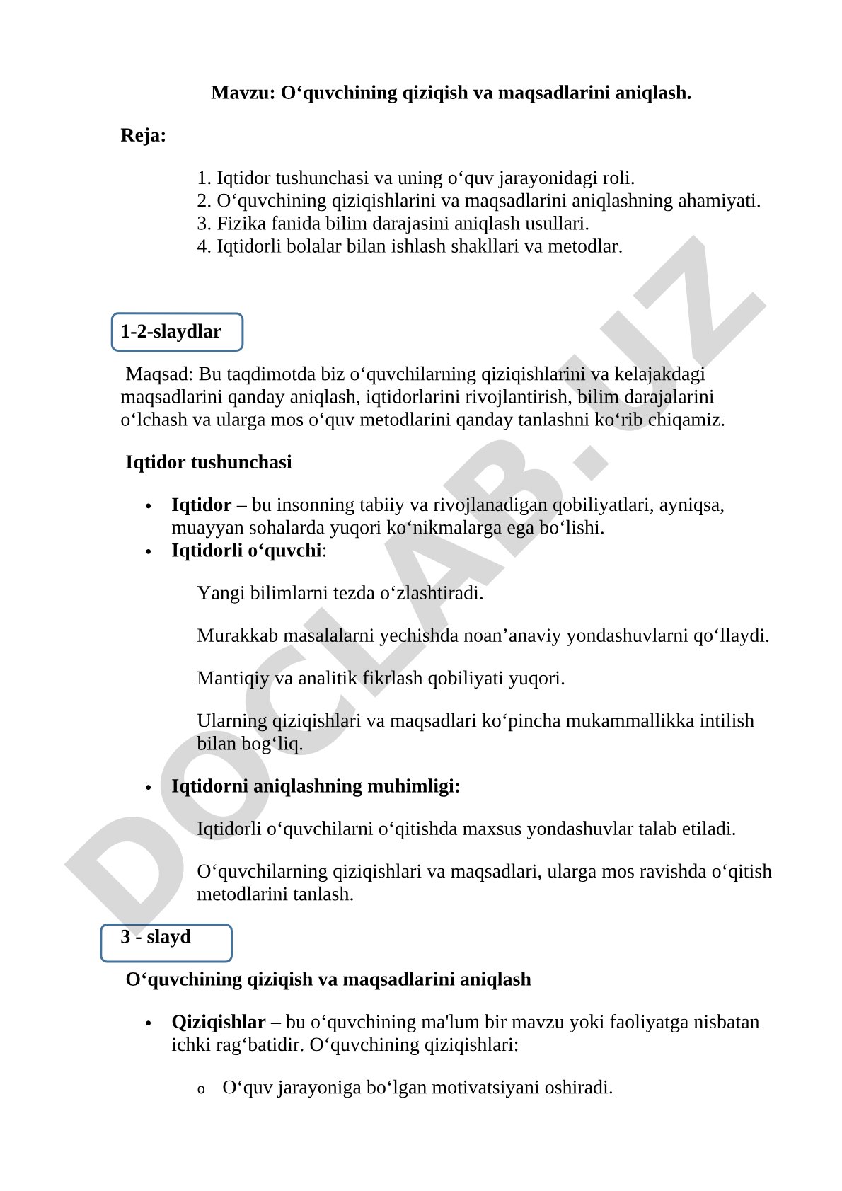 O‘quvchining qiziqish va maqsadlarini aniqlash