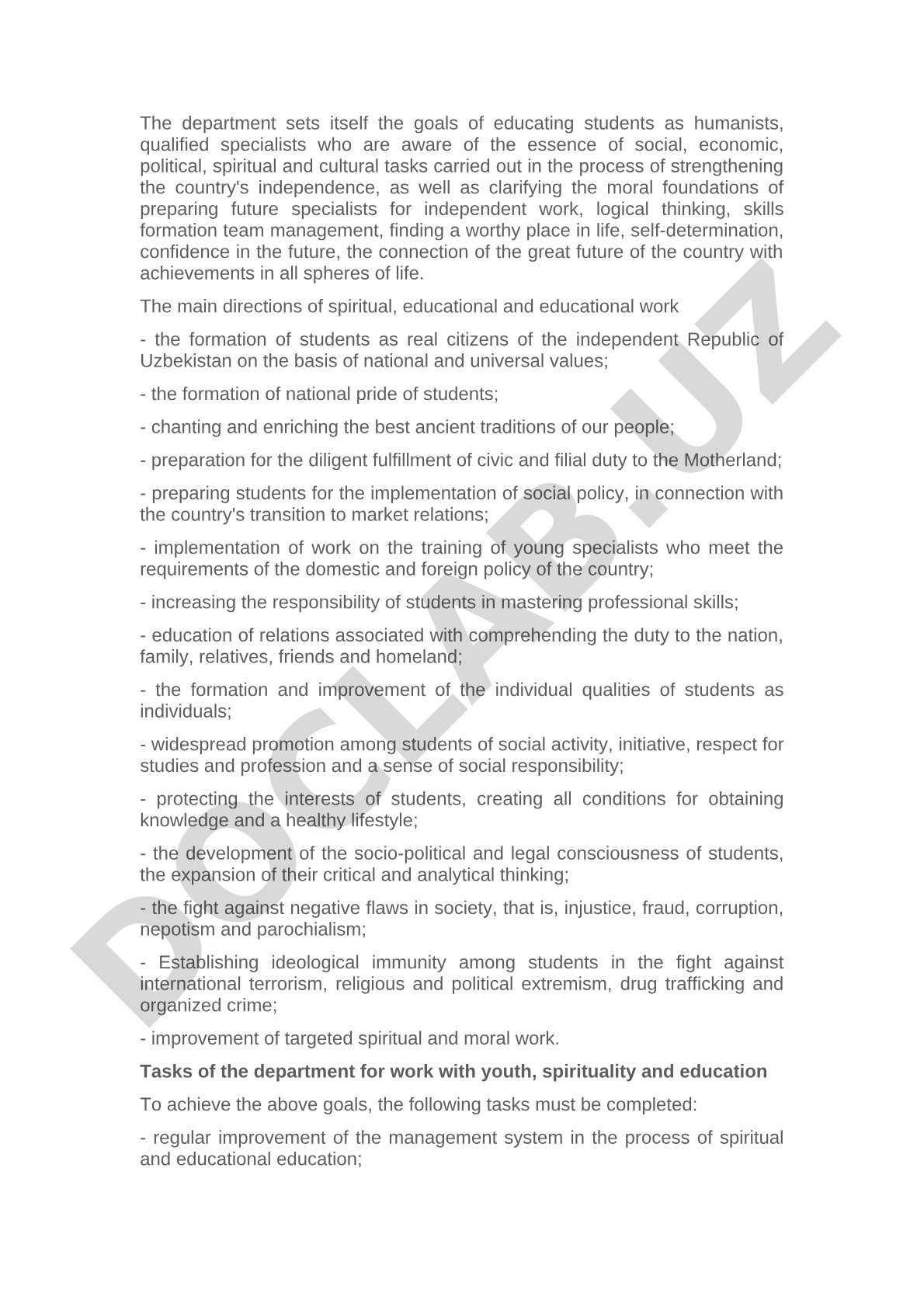Department goals for educating humanists and citizens of Uzbekistan