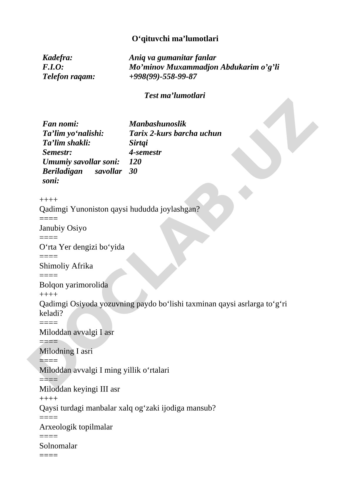 Manbashunoslik fanidan test savollari