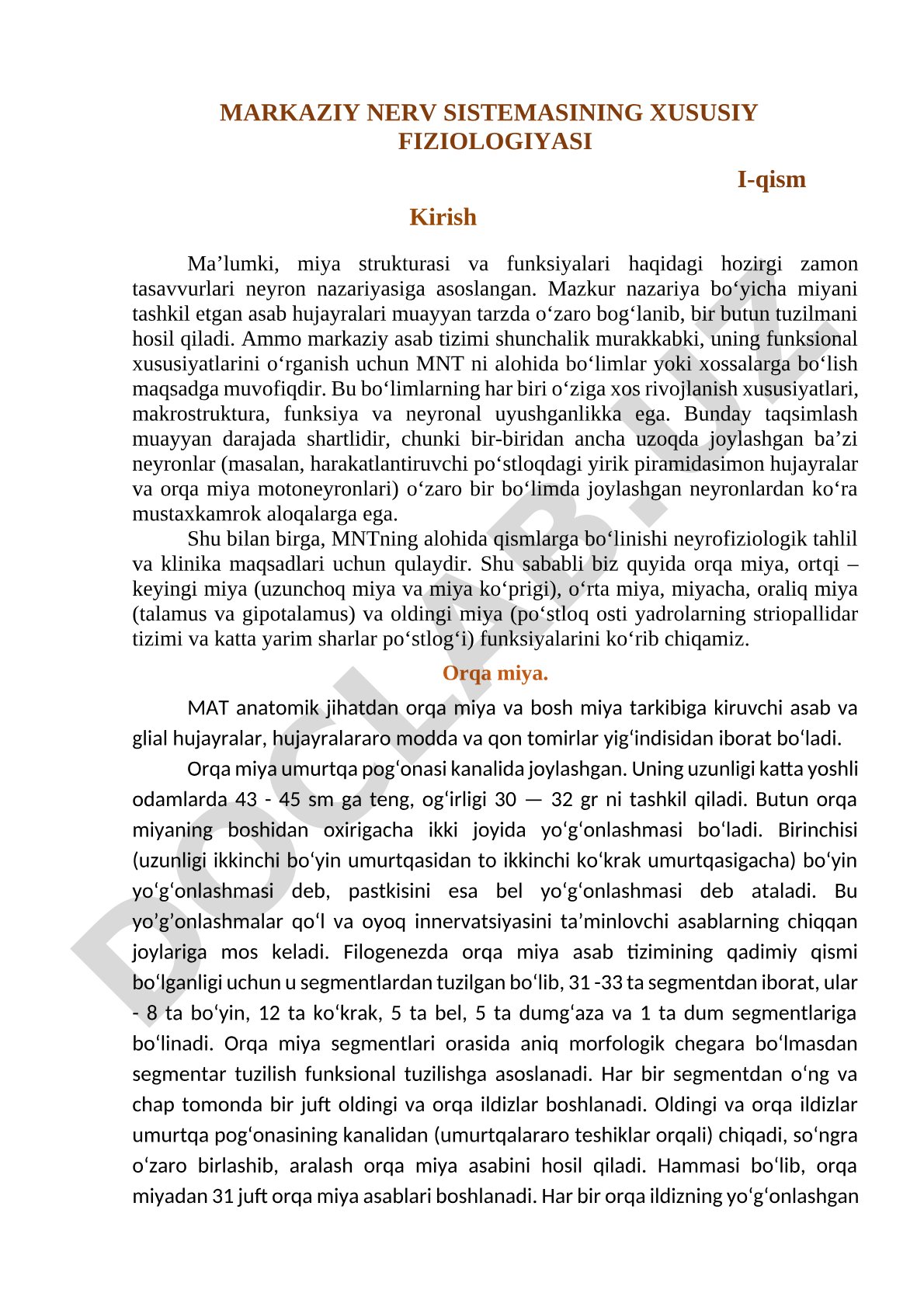 Markaziy nerv sistemasining xususiy fiziologiyasi I-qism