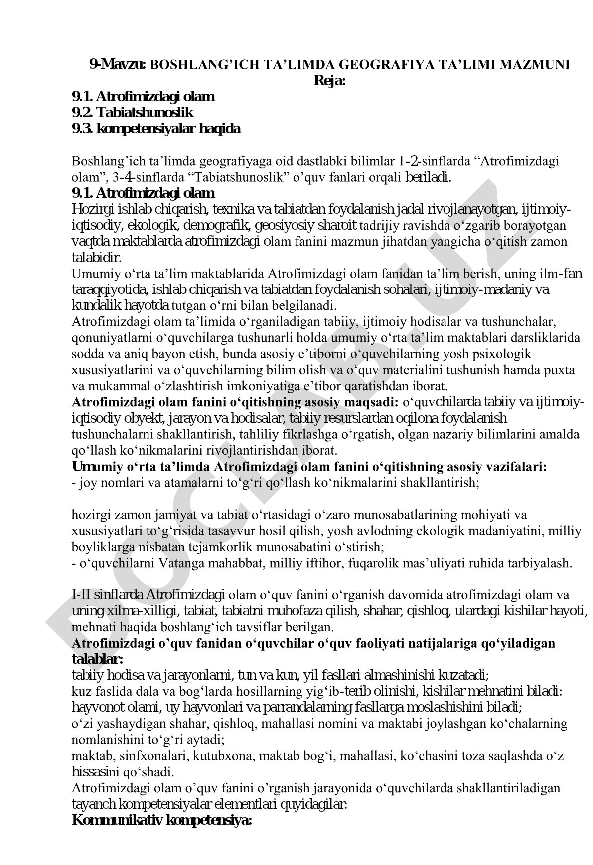 Boshlang'ich ta'limda geografiya ta'limi mazmuni