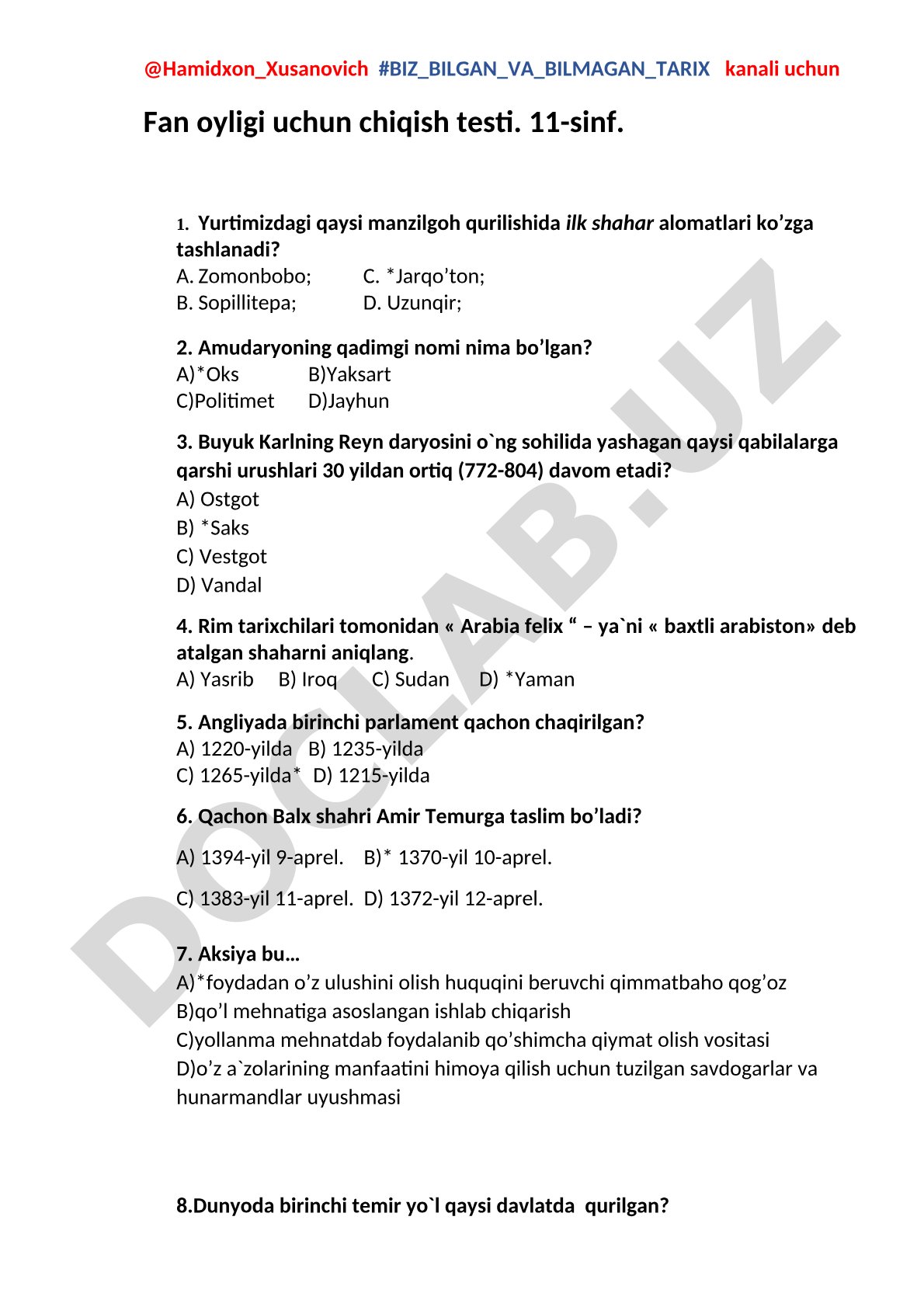 Fan oyligi uchun 11-sinf chiqish testi