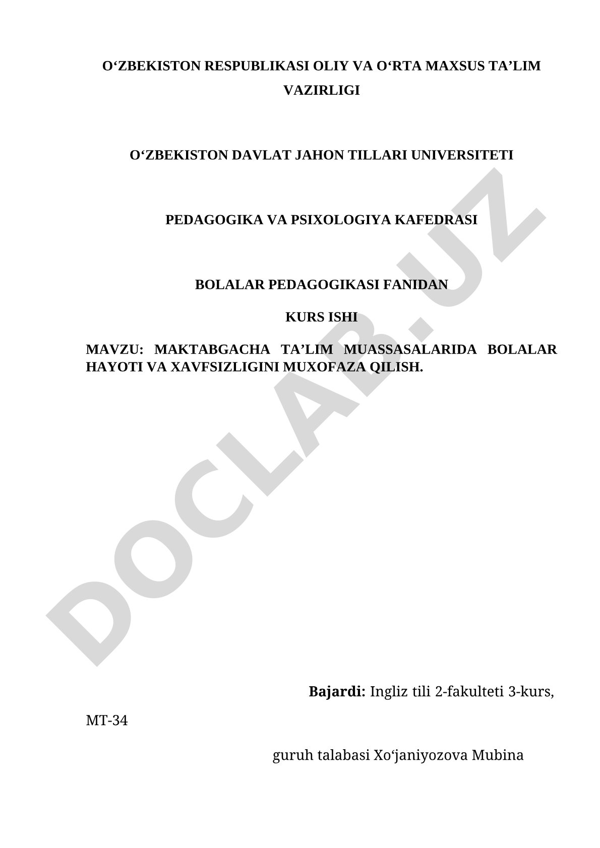 Maktabgacha ta’lim muassasalarida bolalar hayoti va xavfsizligini muxofaza qilish
