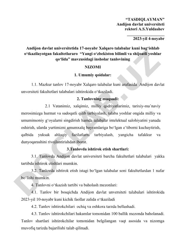 Yangi o'zbekiston bilimli va shijoatli yoshlar qo'lida insholar tanlovi nizomi