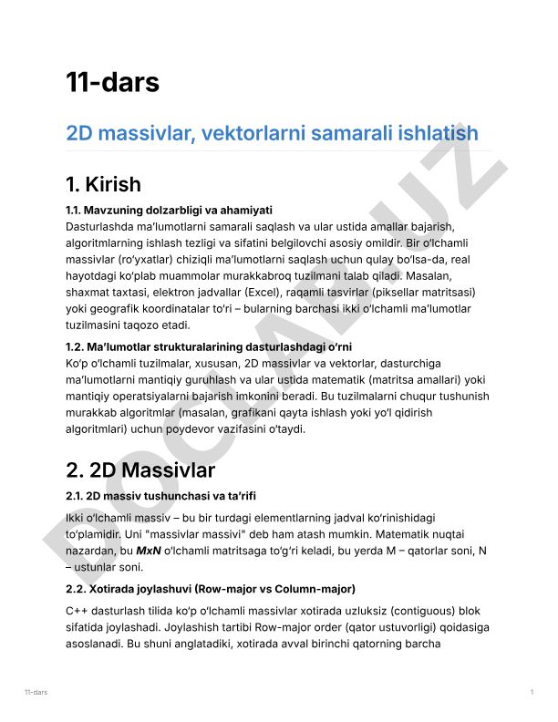 2D massivlar va vektorlarni samarali ishlatish