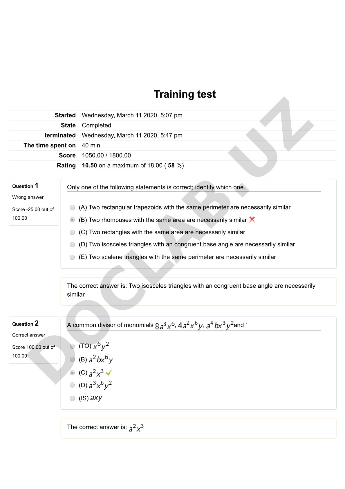 Mathematics test on similar figures, monomials, and ages