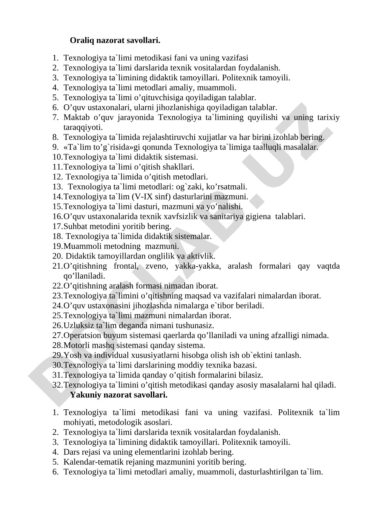 Texnologiya ta'limi metodikasi fanining vazifasi va didaktik tamoyillari