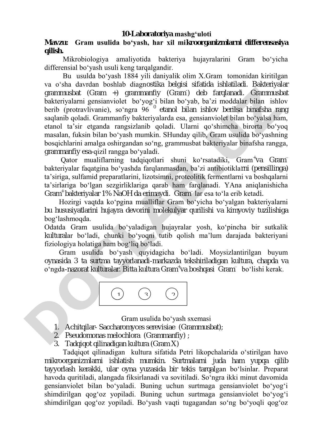 Gram usulida bo'yash, har xil mikroorganizmlarni differensasiya qilish