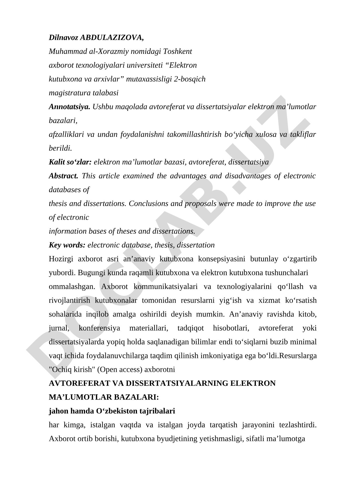 Avtoreferat va dissertatsiyalar elektron ma'lumotlar bazalari