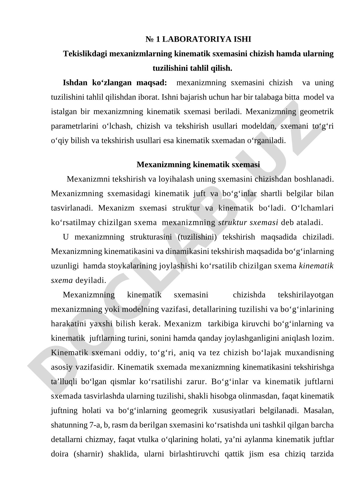 Tekislikdagi mexanizmlarning kinematik sxemasini chizish hamda ularning tuzilishini tahlil qilish