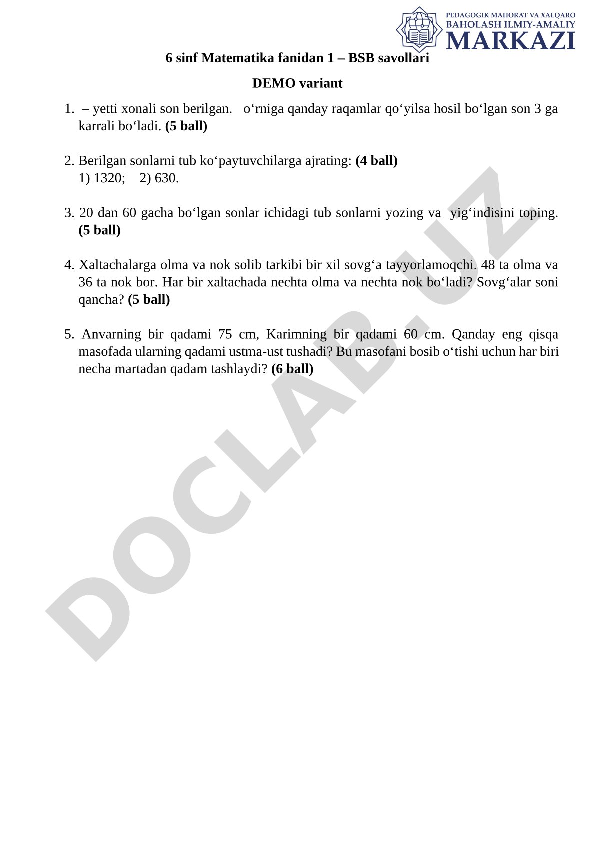 6-sinf Matematika 1-BSB demo variant savollari