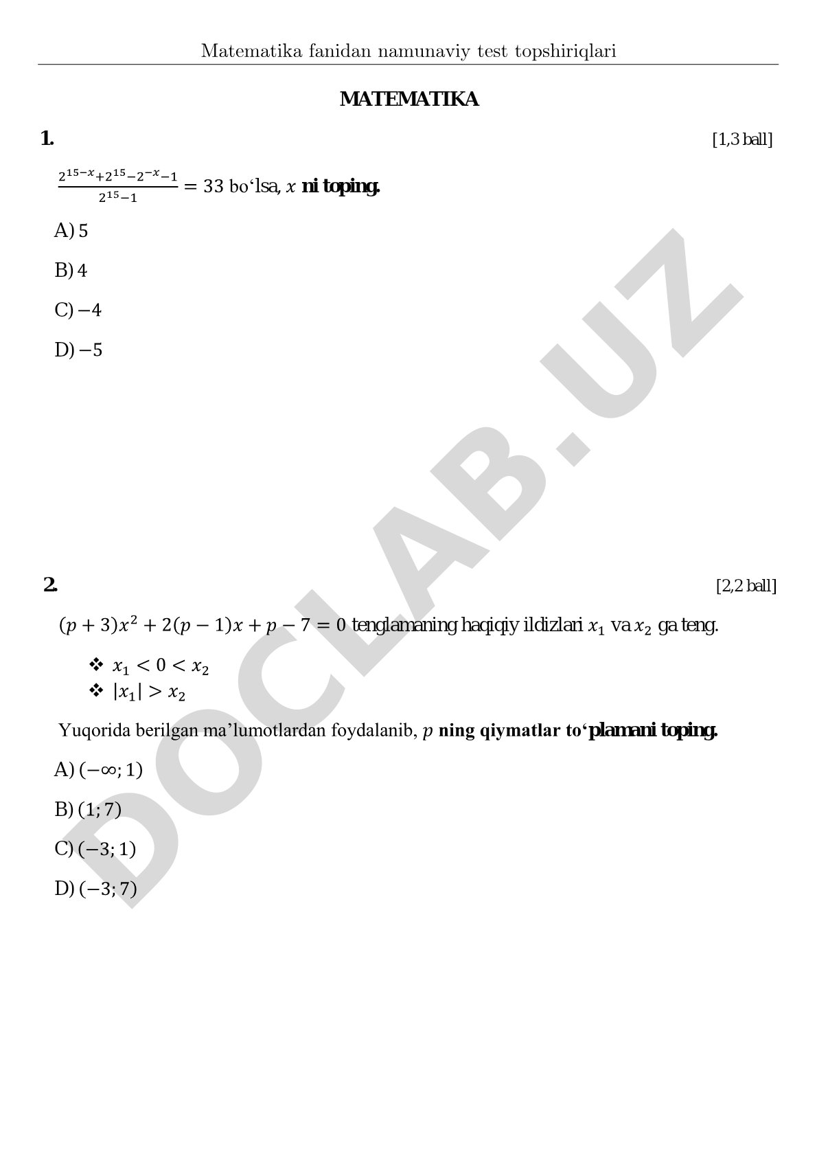 Matematika fanidan namunaviy test topshiriqlari