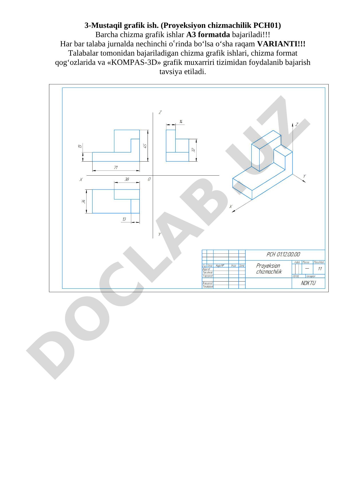3-Mustaqil grafik ish (Proyeksiyon chizmachilik PCH01)