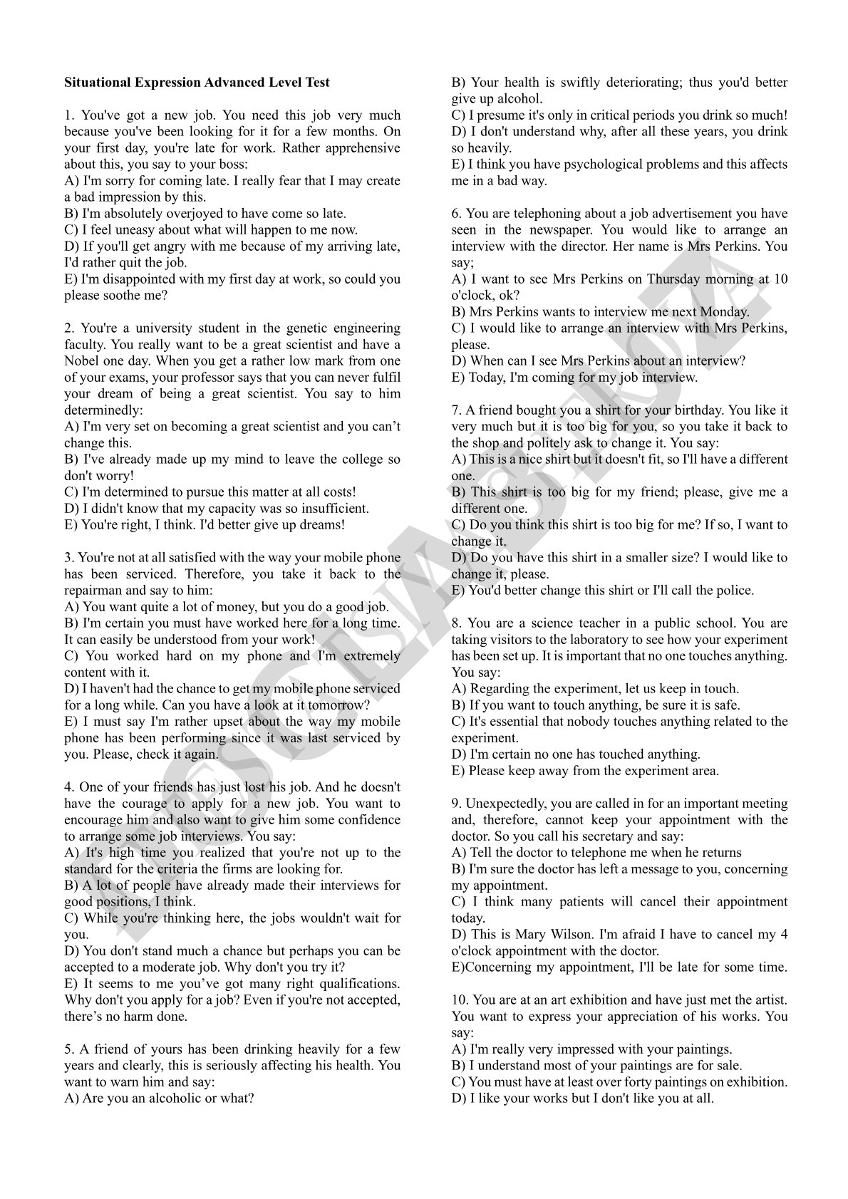 Situational Expressions Advanced Level Test